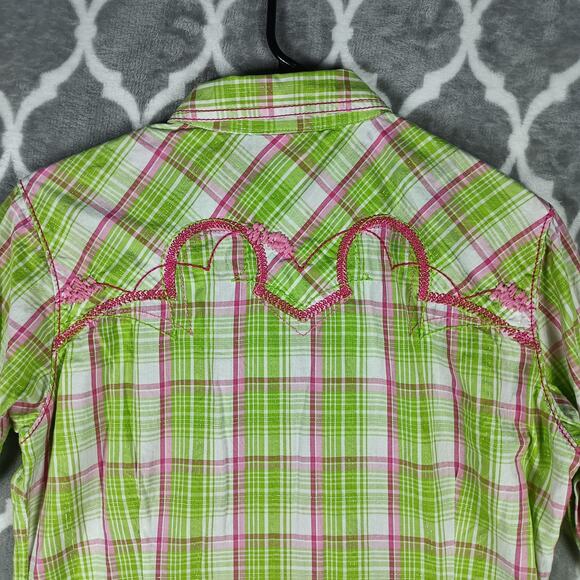 Ariat Shirt Womens Large Green Pink Plaid Fitted Western Pearl Snap Embroidered - Picture 5 of 14